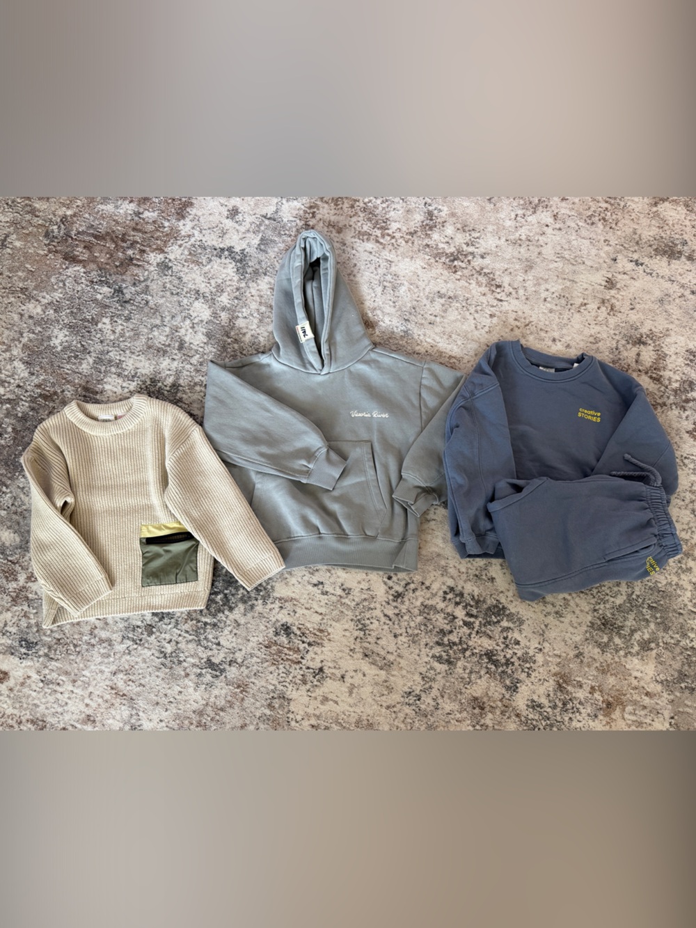 Zara Kids Sage Green Hoodie with Neutral Knit Sweater & Blue Set